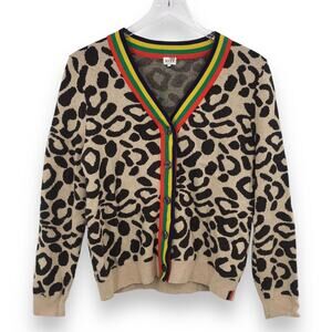 KULE The Cat Cardigan M Leopard Multi Striped Trim Lambswool Cashmere Blend